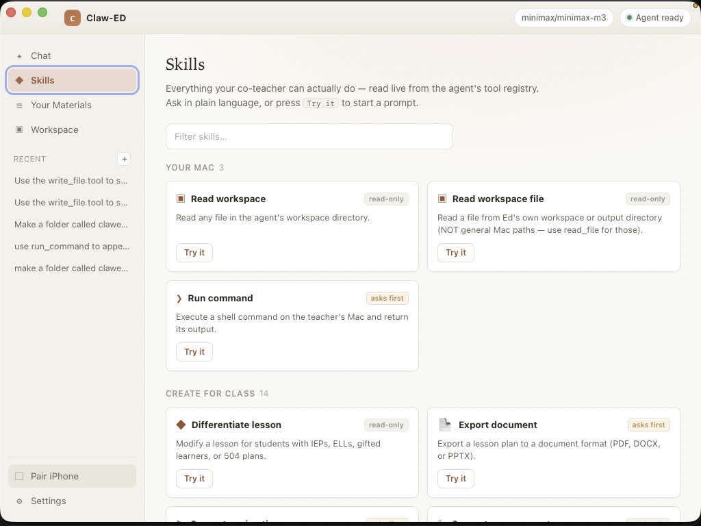 Claw-ED Mac app showing provider status, workspace controls, and skill cards with risk labels.