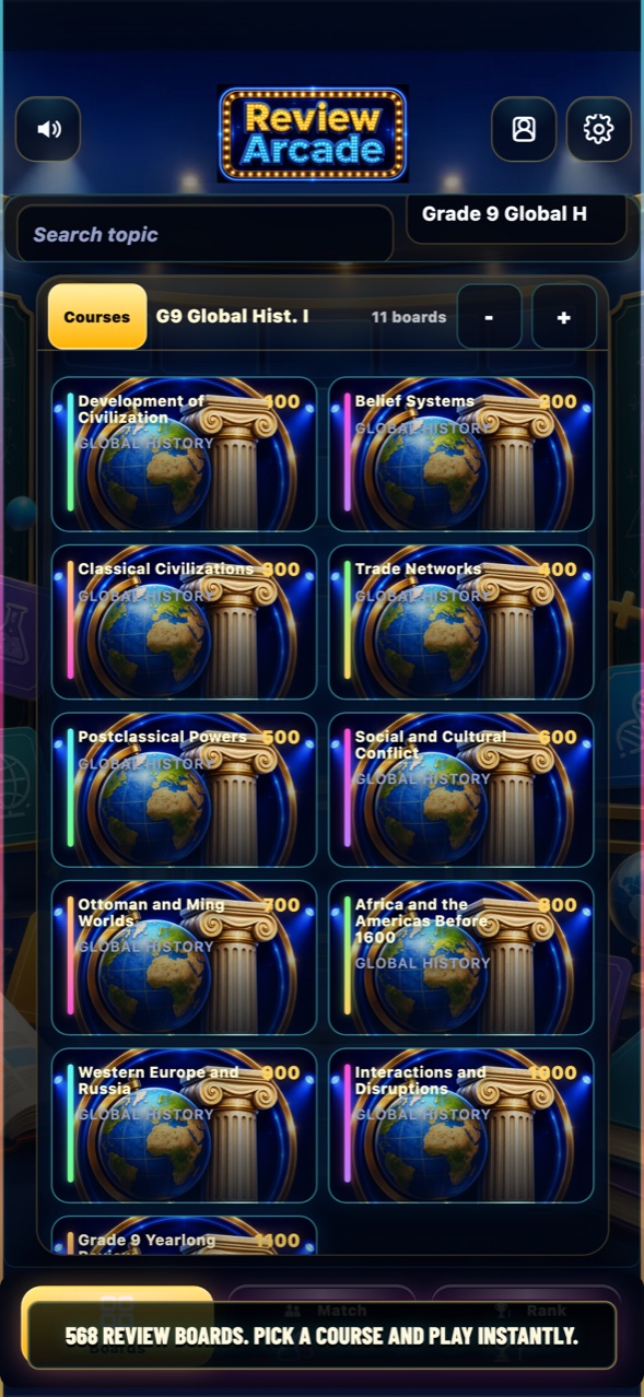 Review Arcade board library with many AP and Regents boards