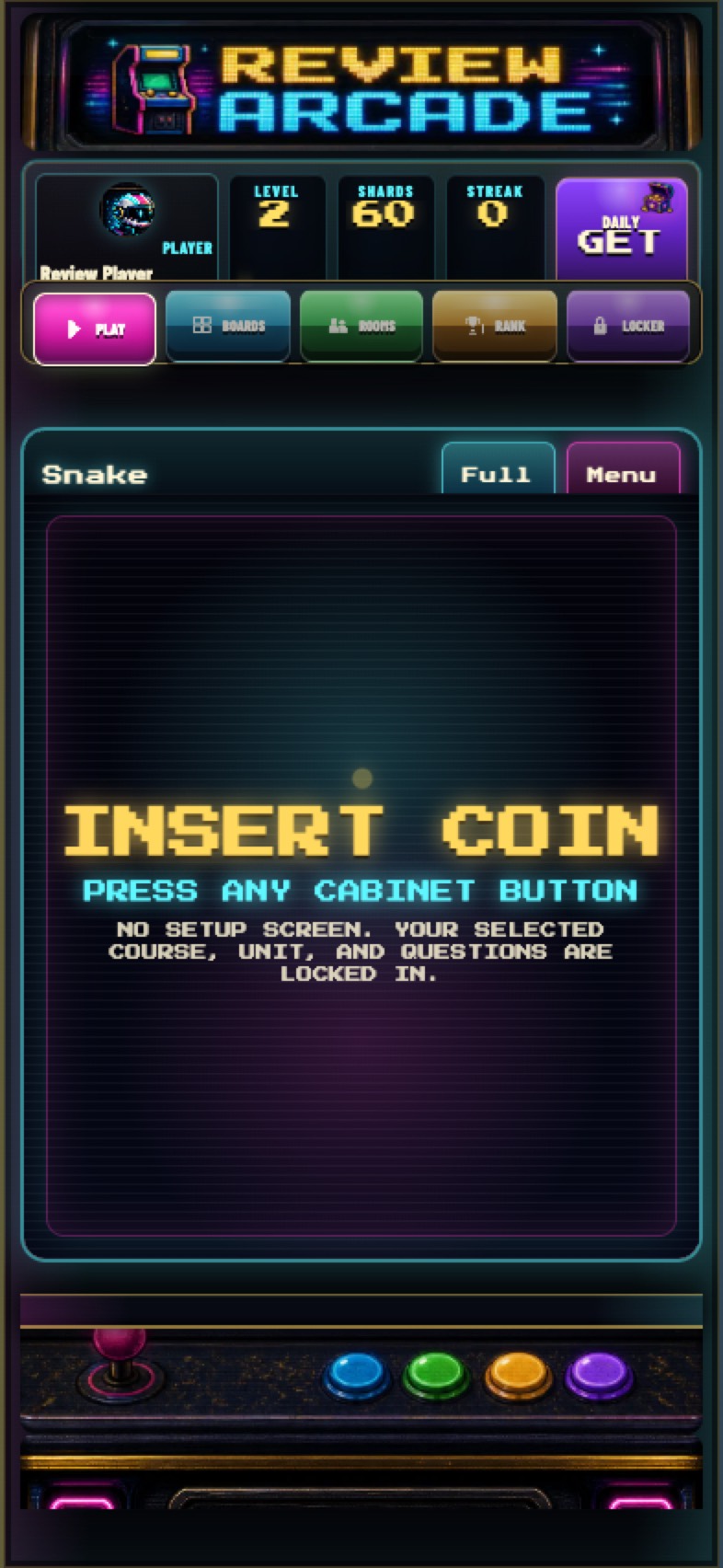 Review Arcade in-game cabinet screen ready to start, framed by the neon arcade chrome