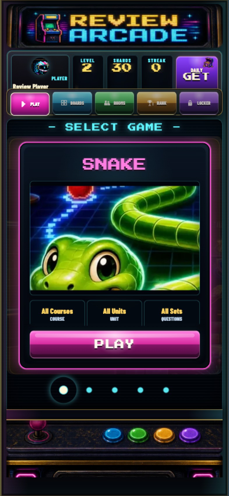 Review Arcade SELECT GAME screen on the arcade cabinet with a featured review game and a PLAY button