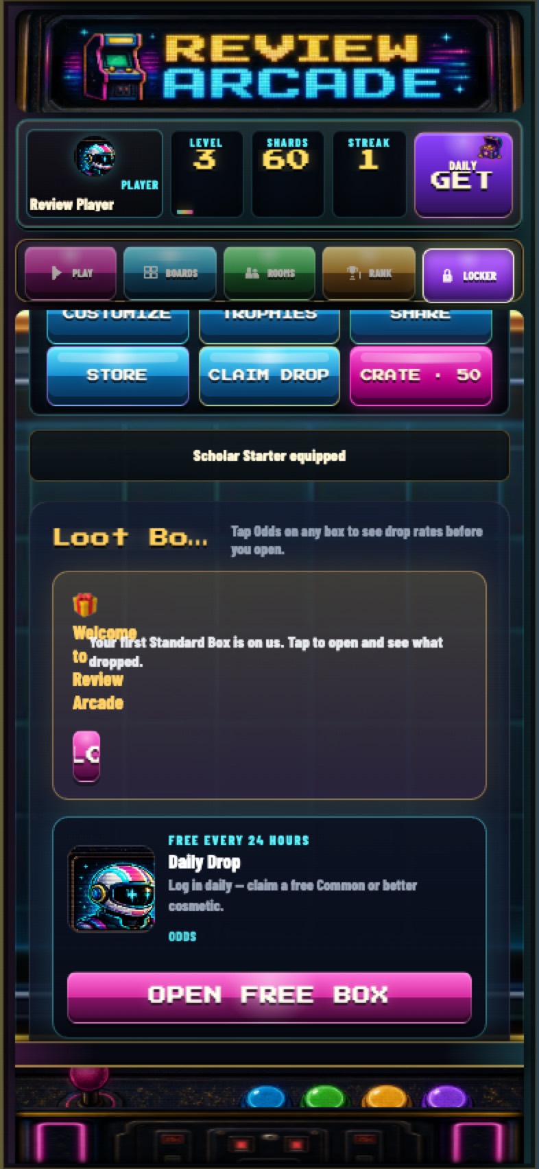 Review Arcade Locker showing the free Daily Drop reward earned from studying
