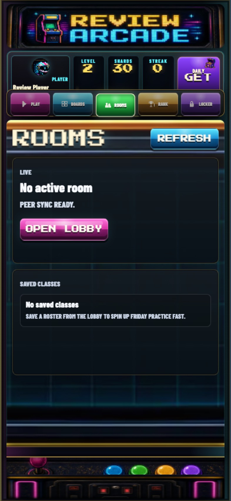 Review Arcade Rooms screen for hosting or joining live multiplayer review