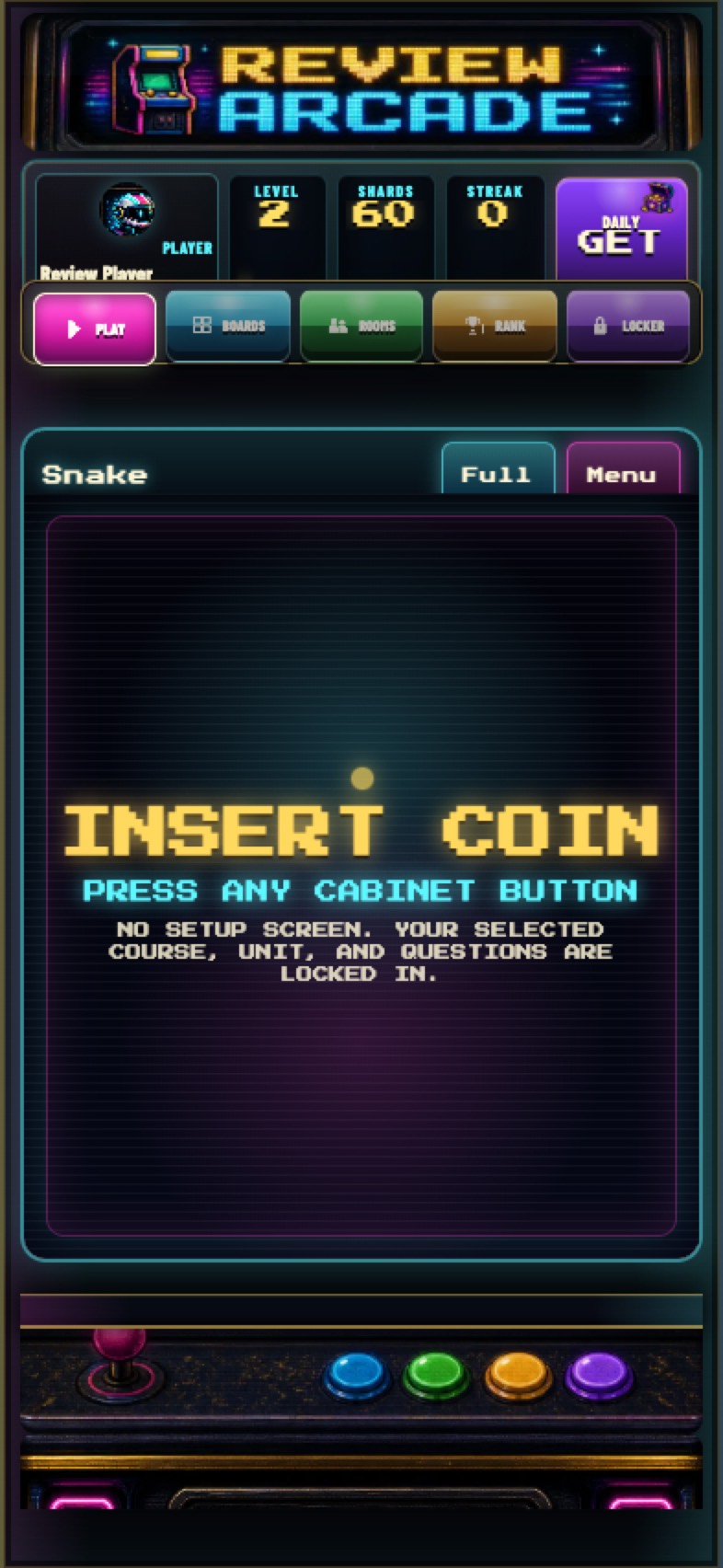 Review Arcade live game screen with the cabinet HUD showing level, score, and streak