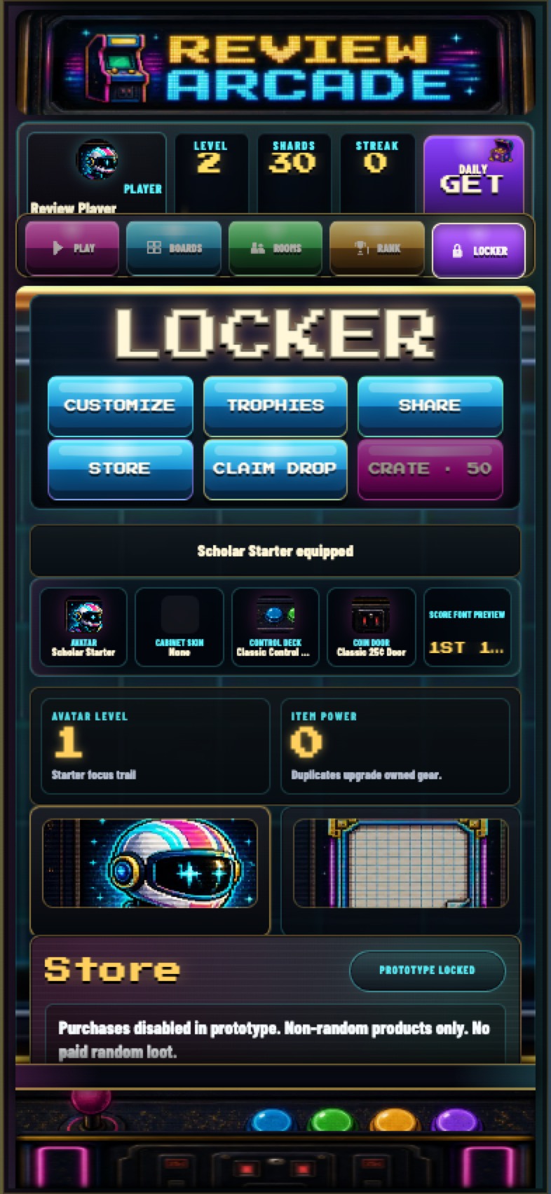 Review Arcade Locker screen with trophies, avatar level, and item power