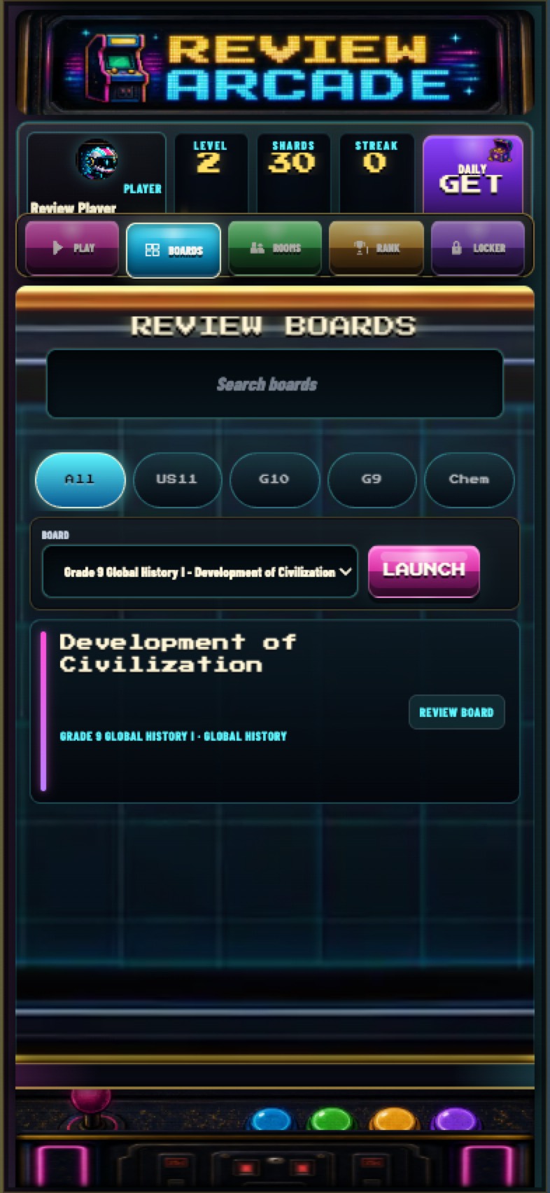 Review Arcade Review Boards screen with a search bar, course filters, and a bundled board ready to launch