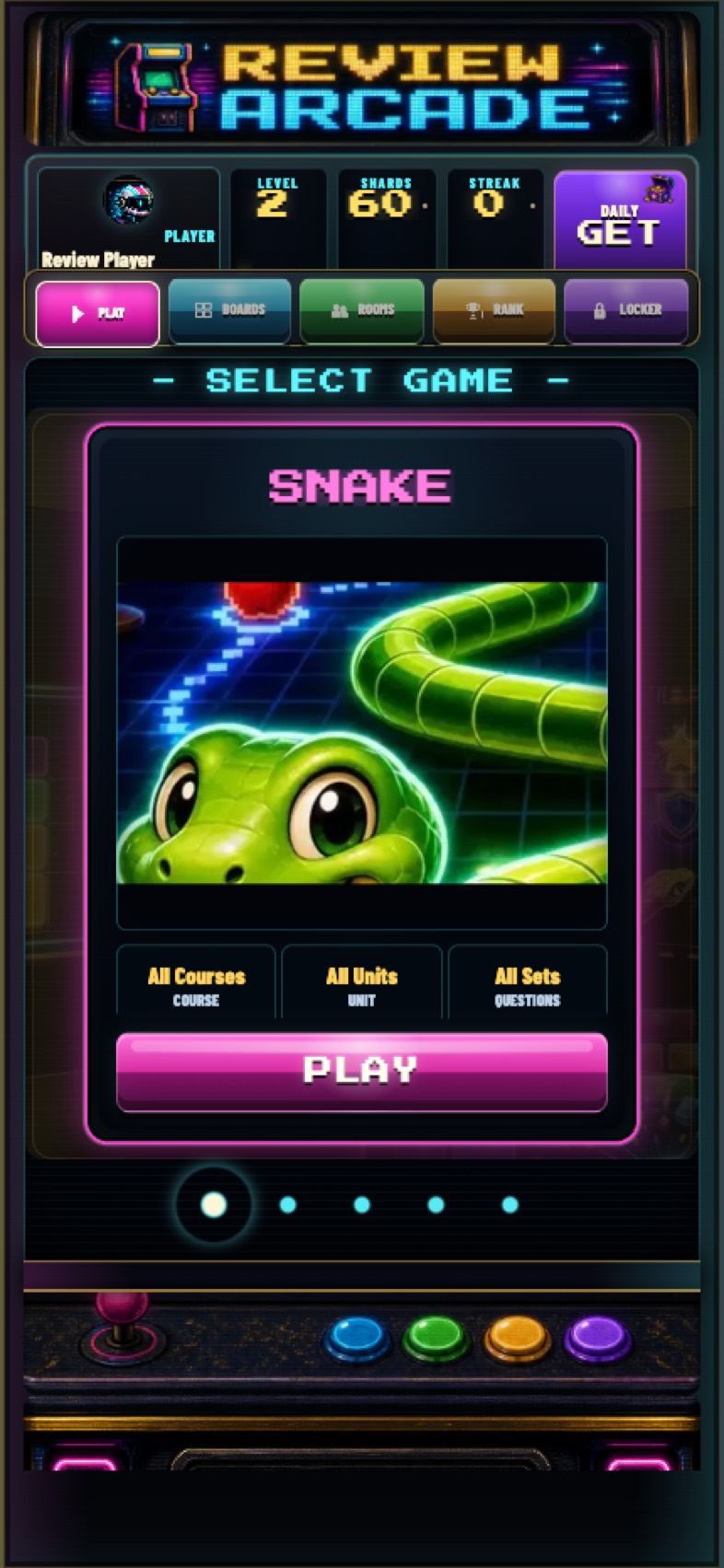 Review Arcade game-select cabinet with course, unit, and question-set pickers